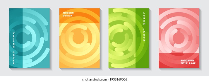 Editable brochure front pages set. Graphic flyer circles spiral motion vector backgrounds. Aim goal achievement circles concept. Digital magazine title pages collection.