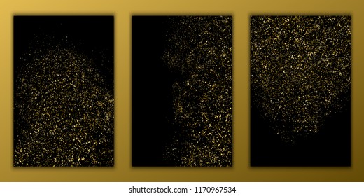 Editable Brochure Template Flyer Background For Banner Design, Web, Cover, Poster, Mobile App. Gold Glitter Texture Isolated On Black. Amber Particles Color. Golden Explosion Of Confetti. Vector Set.