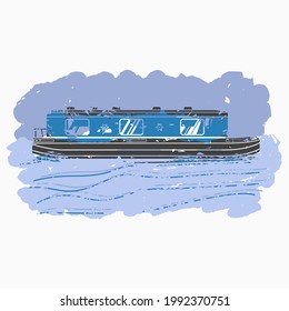 Editable Brush Strokes Style Side View Canal Boat on Wavy Water Vector Illustration for Artwork Element of Transportation or Recreation of United Kingdom or Europe Related Design