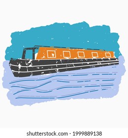 Estilo de pincel editable Vista oblicua Barco estrecho de tres cuartos en Vector de agua ondulada Ilustración para material gráfico Elemento de transporte o recreación de diseño relacionado con el Reino Unido o Europa