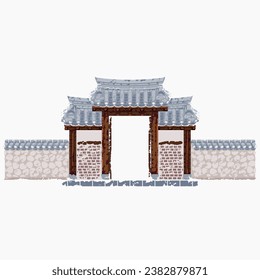 Editable Brush Strokes Style Vector Illustration of Traditional Korean Hanok Gate Building for Artwork Element of Oriental History and Culture Related Design