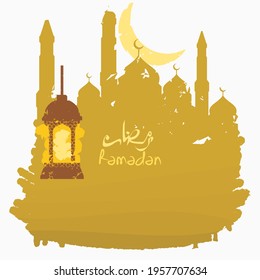 Editable Brush Strokes Styles of Arabian Lantern Vector Illustration With Mosque Silhouette and Crescent Moon Added With Arabic Script of Ramadan for Islamic Theme Design Concept