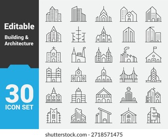 Ícones editáveis da linha do edifício e da arquitetura, símbolos minimalistas do traço de casas residenciais, locais religiosos, estruturas industriais, escritórios e pontes