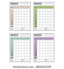 Editable Bunco score sheet vector template set featuring four colorful printable score cards. Perfect for Bunco parties, family game nights, club events, tournaments, and printable party games. Easy to customize and print.