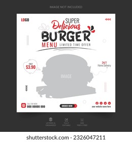 Plantilla de diseño de publicaciones en medios sociales de comida para hamburguesas editable. Pancarta de restaurante en medios sociales. Cartel o afiche de la hamburguesa. Vector de diseño de post de medios sociales de comida rápida. Deliciosa publicación de marketing en redes sociales