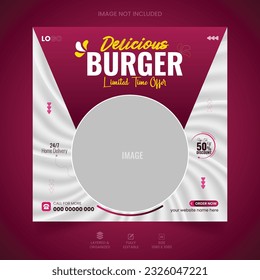 Editable burger food social media post design template. Restaurant social media banner. Burger banner or poster. Fast food social media post design vector. Delicious burger social media marketing post