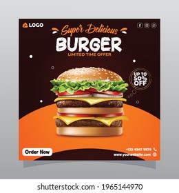 Editable burger social media post template, Fast food social media template for restaurant, burger banner or poster, junk food. Super Delicious Burger Flyer Design, Free Delivery