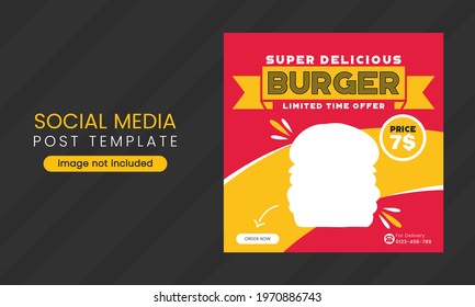 Editable burger social media post template, Fast food social media template for restaurant, burger banner or poster, junk food. Super Delicious Burger Flyer Design, Free Delivery