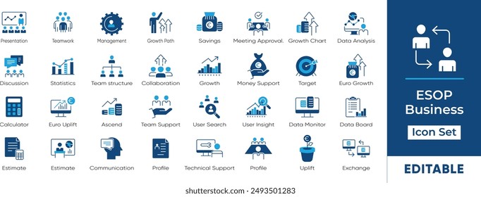 Editable business icon set for ESOP, finance, and corporate growth