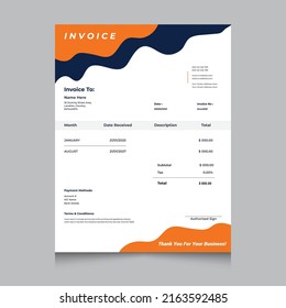 Editable business invoice template. Print ready invoice for your business. Design for letterhead, receipt, invoice, order form, proforma. Vector template