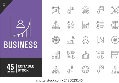 Editable business line icon Set. Vector illustration: leadership, teamwork, business communication.	
