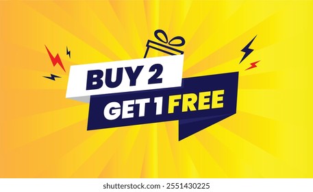 Bearbeitbare 'Buy 2 Get 1 Free' Banner-Vorlage mit einem lebendigen gelben Hintergrund, eleganten weiß-blauen Farbverlauf-Formen und modernem Vektordesign. Perfekt für auffällige Werbeaktionen