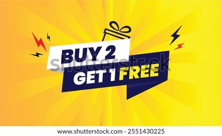 Editable 'Buy 2 Get 1 Free' banner template featuring a vibrant yellow background, sleek white-blue gradient shapes, and modern vector design. Perfect for eye-catching business promotions