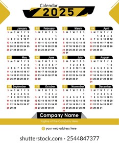 Editable calendar 2025 vector illustration, professional Annual Calendar date planner 2025 Template. 