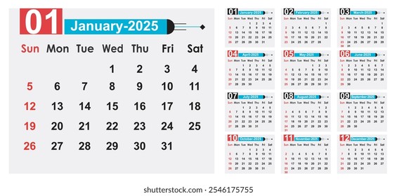 Editable calendar 2025 vector illustration, Calendar date plan 2025 Template. 