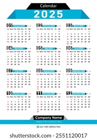 Editable calendar 2025 vector illustration, professional Annual Calendar 2025 Template. Diary planner 2025.