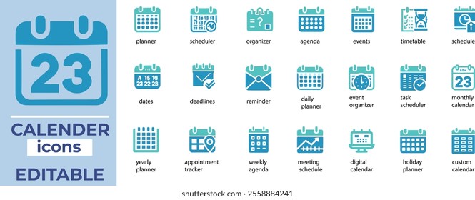 Editable Calendar Icon Vector Set Planner, Scheduler, Organizer Icons Perfect for Events, Deadlines and Timelines