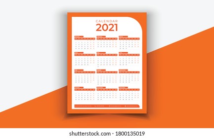 Diseño de plantilla de calendario editable para 2021 año. Planificador de negocios. Diseño estacional. La semana comienza el lunes. Ilustración vectorial, Calendario 2021, calendario de una página, año civil listo para imprimir 2021