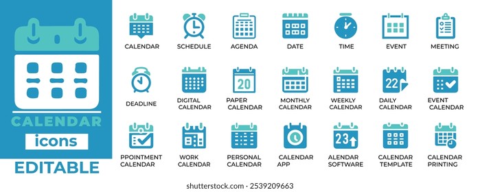 Ícones editáveis do vetor de calendário, perfeitos para agendamento, agendas, planejamento de eventos e prazos finais. Ideal para calendários digitais 