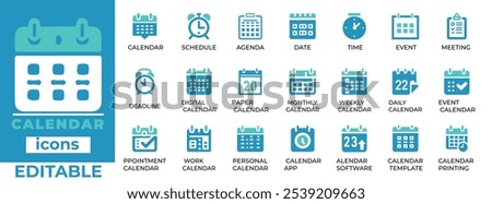 Editable calendar vector icons, perfect for scheduling, agendas, event planning, and deadlines. Ideal for digital calendars 