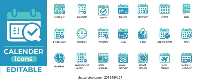 Editable calendar vector icons for scheduling, planning, productivity, and reminders. Perfect for business and personal use.