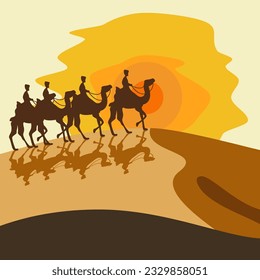 Editable Camel Caravan on Desert Vector Illustration for Middle Eastern Ancient Trading or Hajj Pilgrimage and Muharram Hijri New Year Concept also Other Islamic Moment Related Design