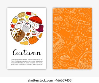 Editable card templates with hand drawn autumn items and text. Used clipping mask.