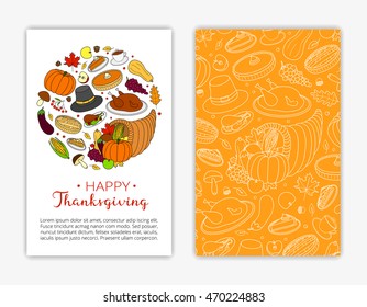 Editable card templates with hand drawn items and text for Thanksgiving day. Used clipping mask.