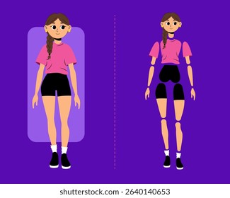 Editable cartoon girl character with separate body parts and clothes for animation or design. Sporty girl with blond hair