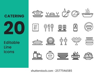 Editable Catering Line Icons Set - Modern Thin Line Vector Illustrations of Food Service, Table Settings, and Dishes for Infographics and Mobile Apps