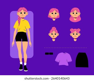 Editable character constructor cartoon girl, different hairstyles and facial expressions, different outfits glasses flat vector set