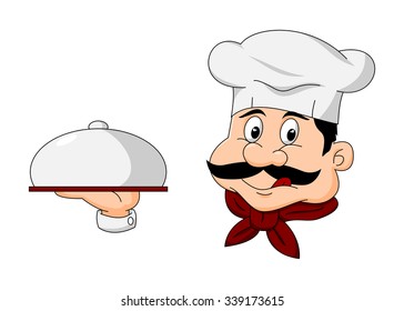 Editable Chef Character Holding Covered Tray in Cartoon Style for Restaurant and Food Related Design Project