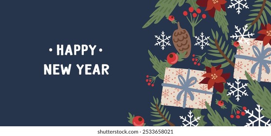 Navidades editables Plantilla de Anuncio con regalos, ramas de abeto, copos de nieve, bayas y poinsettias.