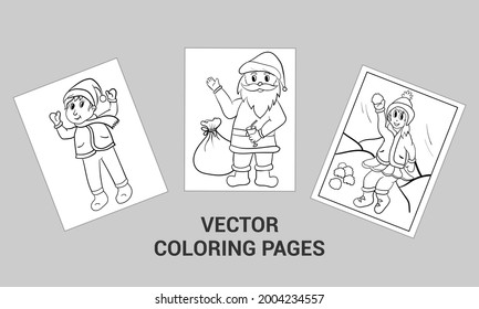 Editable Christmas Coloring Pages or Books for Kids. Activity Book Line Art for Coloring. Vector Christmas illustration. Hand drawing cartoon character. Santa Claus with gifts. Christmas illustration.