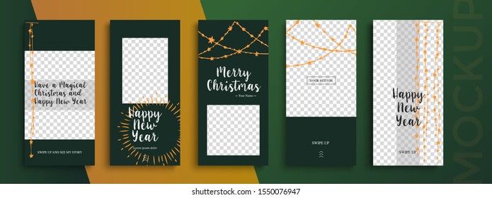 Editable Christmas and New Year stories vector template for social media. Instagram