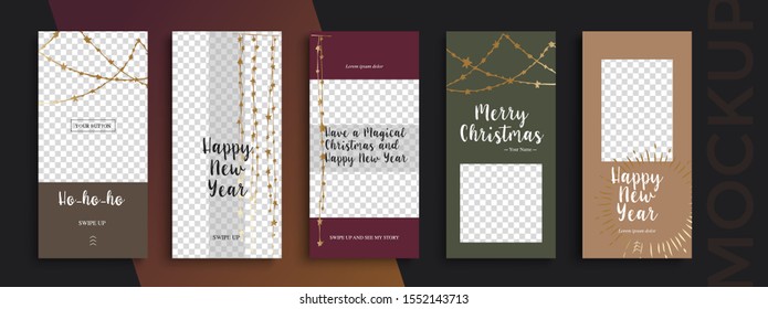 Editable Christmas and New Year stories vector template for social media. Instagram