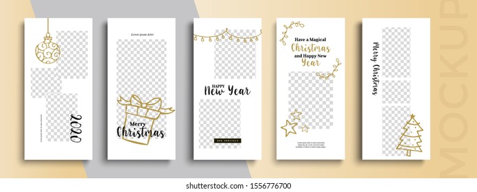 Editable Christmas and New Year stories vector template for social media. Instagram Stories