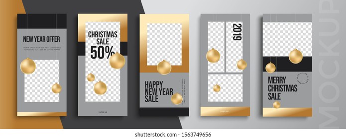 Editable Christmas and New Year stories vector template for social media. Instagram Stories