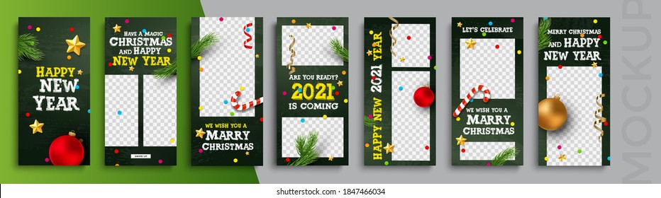 Editable Christmas and New Year stories vector template for social media. Instagram Stories