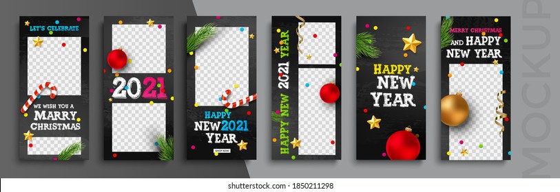 Editable Christmas and New Year stories vector template for social media. Instagram Stories