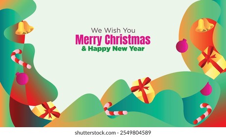 Editable Christmas Web Design with Blank Space and Ornamental Vector Art. abstract fluid christmas background with gift box and ornamental vector illustration 