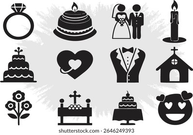 Editable Christmas and Wedding icons set. Cake, couple, heart, care, flower, candle, diamond ring, bridegroom suit. EPS 10.