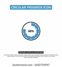 Indicador de progresso circular editável mostrando 80% em estilo segmentado. Design azul e preto, adequado para painéis, UI UX, aplicativos e visuais de carregamento