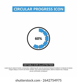 Editable circular progress indicator showing 60% in segmented style. Blue and black design, suitable for dashboards, UI UX, apps, and loading visuals