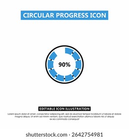Indicador de progresso circular editável mostrando 90% em estilo segmentado. Design azul e preto, adequado para painéis, UI UX, aplicativos e visuais de carregamento