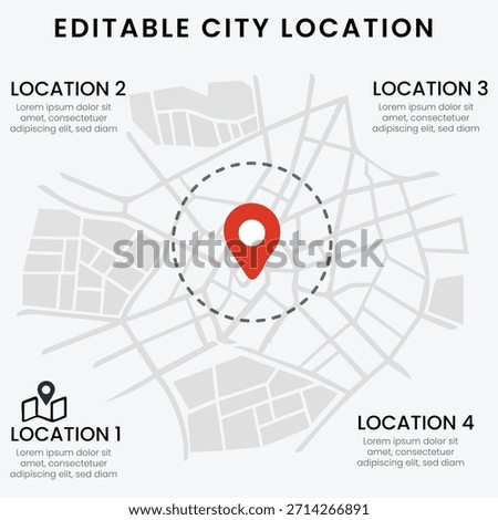 Editable City Location Map Infographic with Red Pin and Text Placeholders