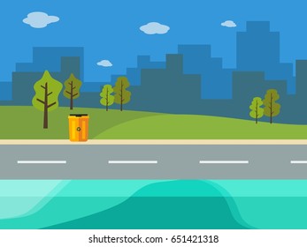 Editable Clean City Vector Illustration with A Trash Bin at The Side of Road in Flat Style for Green Urban Life Environment Related Purposes