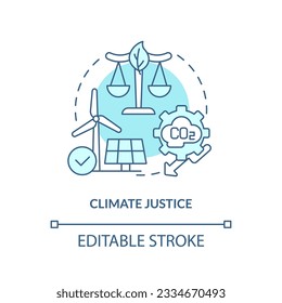 Editable climate justice linear concept, isolated vector, blue thin line icon representing carbon border adjustment.