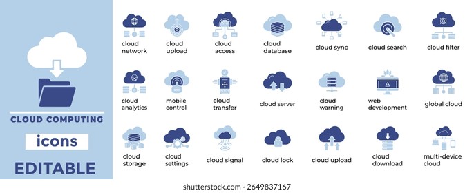 Editable cloud computing vector icons for tech, data, and storage solutions with a clean and modern line art style.
