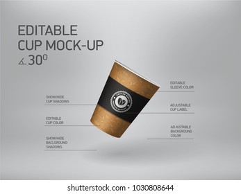 Editable coffee cup mockup. Business stationery mock-up with logo and pattern template. Vector infographics.